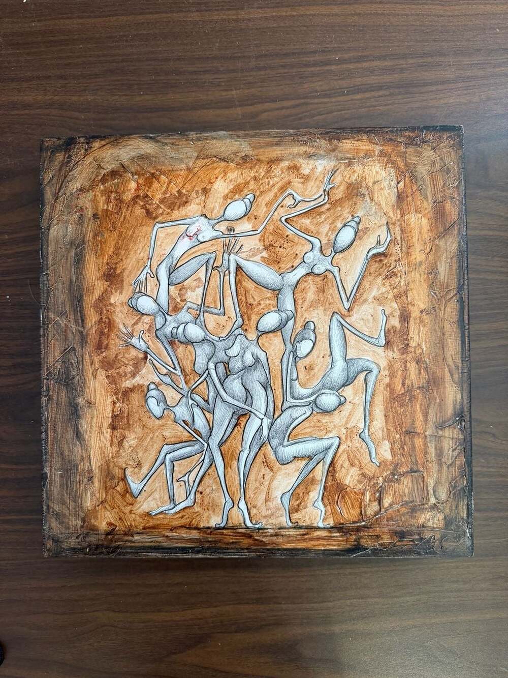 Signed Original Mixed Media Figural Dancers Wood Art 11.5x11.5 Brown